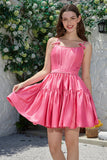 Stylish A-Line Spaghetti Straps Fuchsia Short Graduation Dress with Bowknot