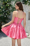 Stylish A-Line Spaghetti Straps Fuchsia Short Graduation Dress with Bowknot