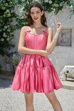 Stylish A-Line Spaghetti Straps Fuchsia Short Graduation Dress with Bowknot