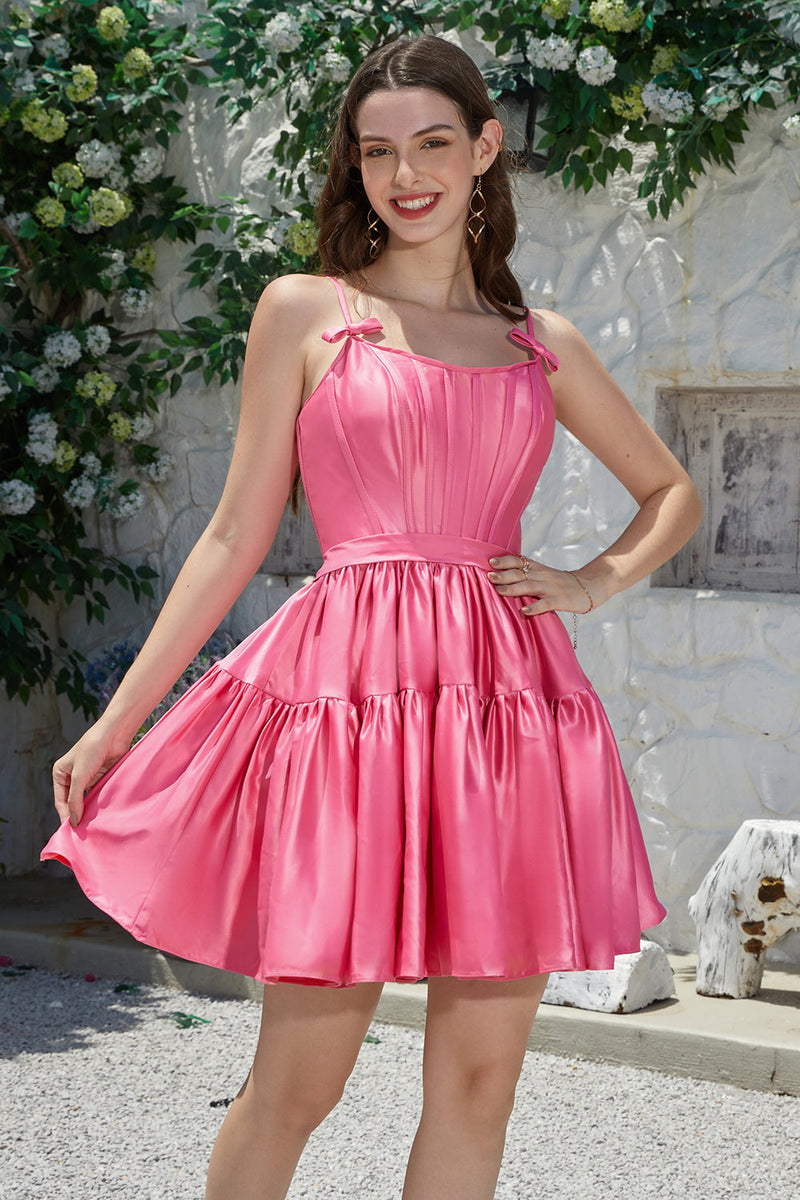 Load image into Gallery viewer, Stylish A-Line Spaghetti Straps Fuchsia Short Homecoming Dress with Bowknot