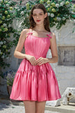Stylish A-Line Spaghetti Straps Fuchsia Short Graduation Dress with Bowknot
