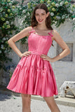 Stylish A-Line Spaghetti Straps Fuchsia Short Graduation Dress with Bowknot