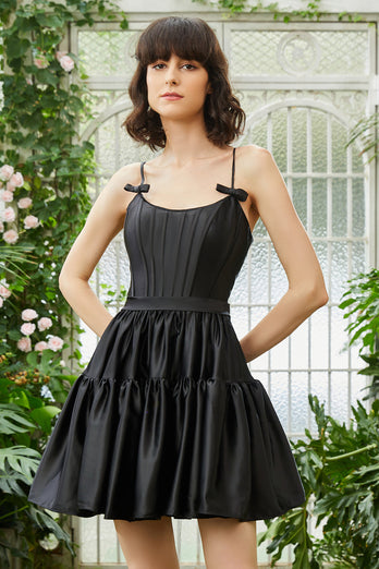 A-Line Spaghetti Straps Black Short Prom Dress