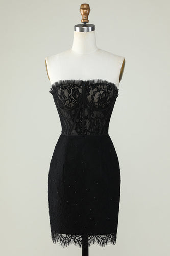 Strapless Black Cocktail Dress with Beading