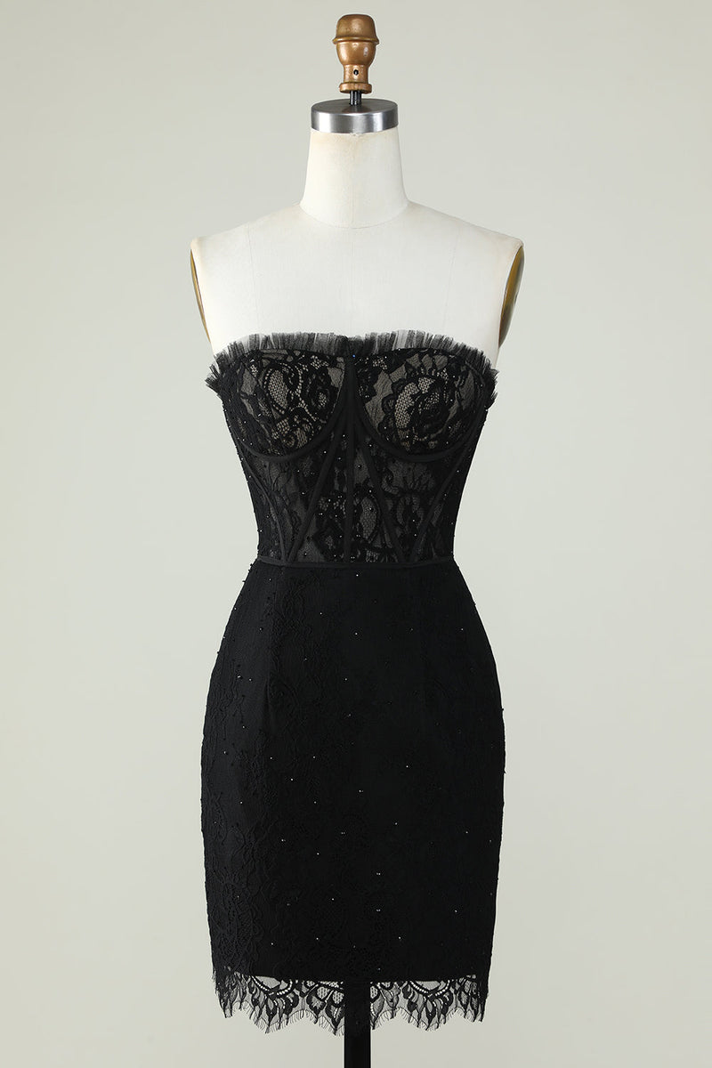 Load image into Gallery viewer, Strapless Black Cocktail Dress with Beading