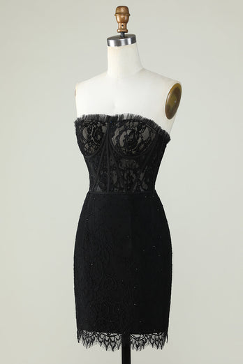 Strapless Black Cocktail Dress with Beading
