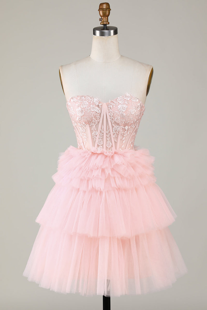 Load image into Gallery viewer, Trendy A-Line Sweetheart Pink Short Prom Dress with Ruffles