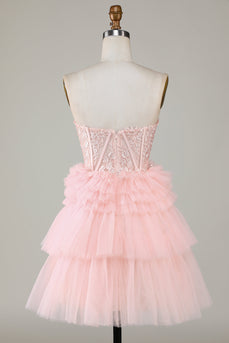 Trendy A-Line Sweetheart Pink Short Prom Dress with Ruffles