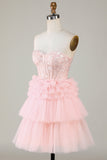 Trendy A-Line Sweetheart Pink Short Prom Dress with Ruffles