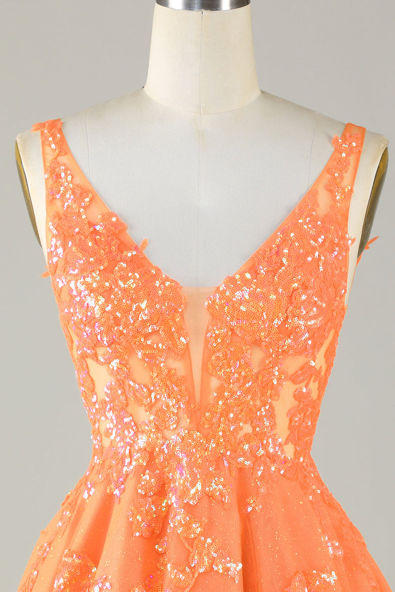 Load image into Gallery viewer, Sparkly Orange A Line Glitter Graduation Dress with Sequins