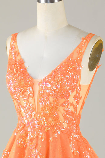 Sparkly Orange A Line Glitter Graduation Dress with Sequins