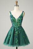 Dark Green Sequined V Neck Backless Short Graduation Dress