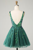 Dark Green Sequined V Neck Backless Short Graduation Dress