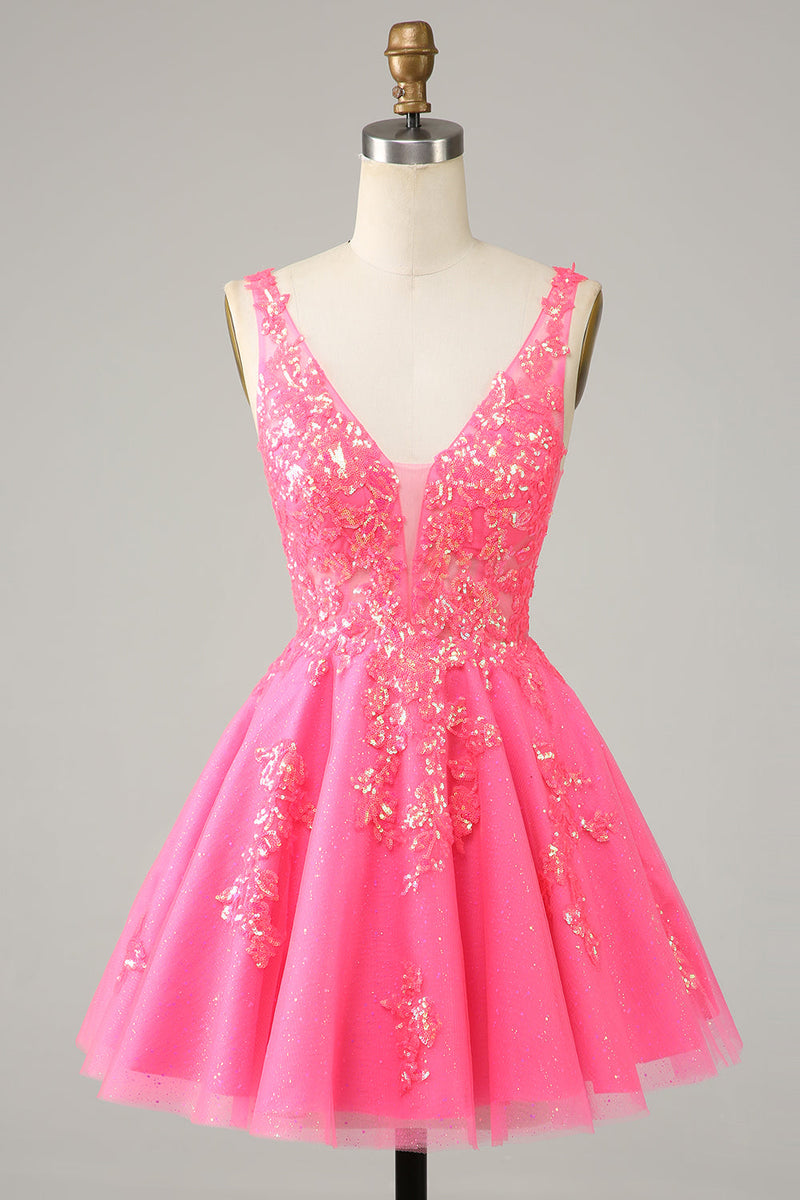 Load image into Gallery viewer, Fuchsia Sequined V Neck Backless Short Homecoming Dress