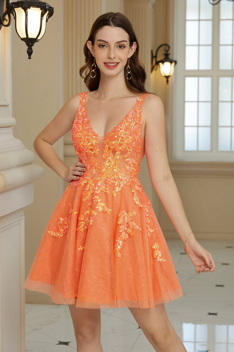 Load image into Gallery viewer, Orange A Line Glitter Graduation Dress with Sequins