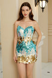 Unique Sheath Spaghetti Straps Blue Sequins Short Homecoming Dress