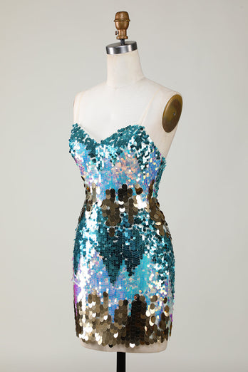 Sparkly Blue Sequined Tight Short Homecoming Dress