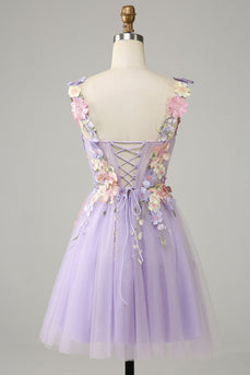 Purple Spaghetti Straps Tulle Graduation Dress With 3D Flowers