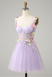 Purple Spaghetti Straps Tulle Graduation Dress With 3D Flowers