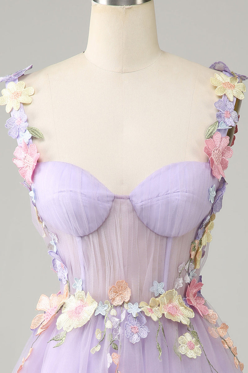 Load image into Gallery viewer, Purple Spaghetti Straps Tulle Homecoming Dress With 3D Flowers