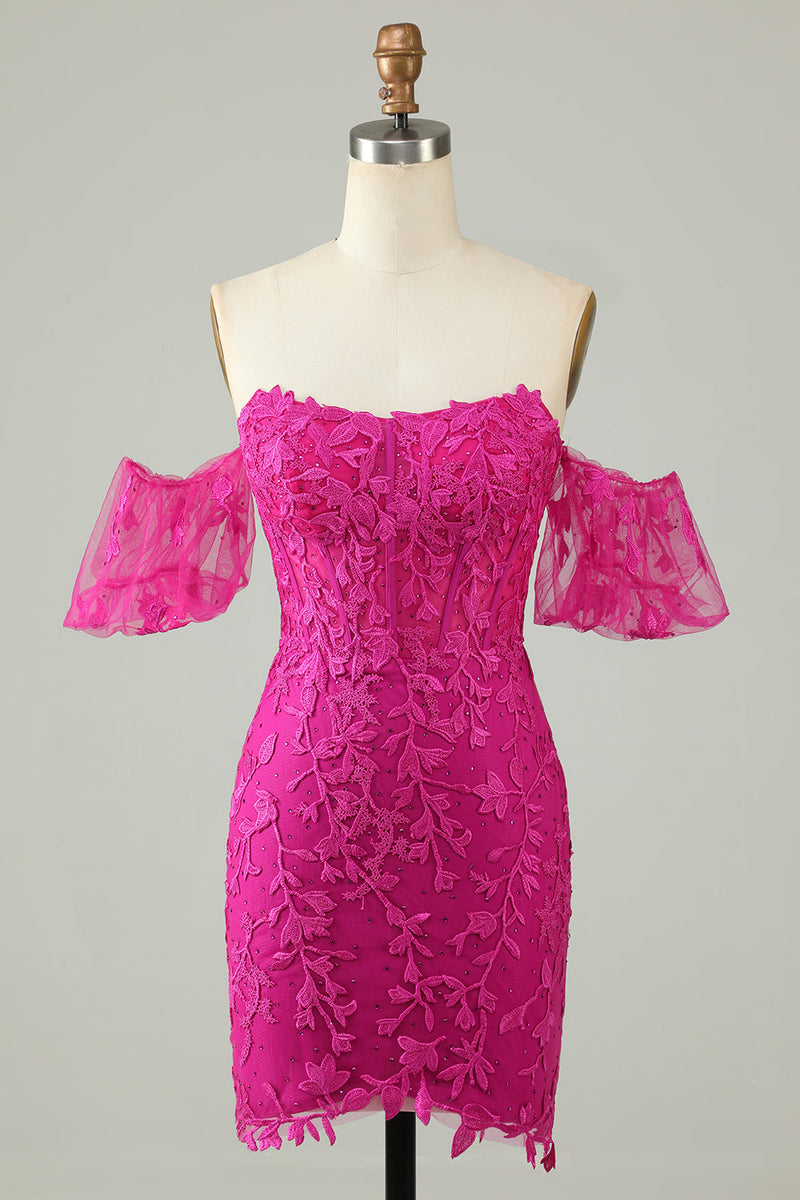 Load image into Gallery viewer, Fuchsia Off the Shoulder Bodycon Appliques Homecoming Dress