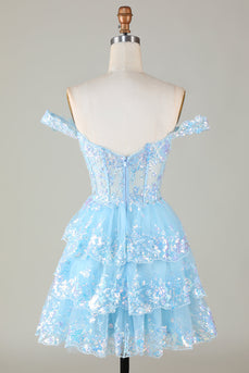 Sparkly Blue Corset Tiered Lace A-Line Short Party Dress