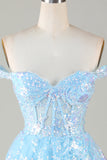 Sparkly Blue Corset Tiered Lace A-Line Short Party Dress