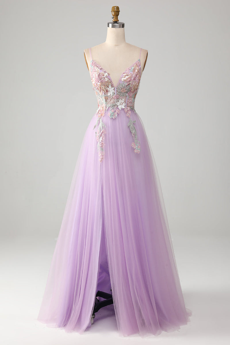 Load image into Gallery viewer, Glitter A-Line Spaghetti Straps Lilac Long Prom Dress with Flowers