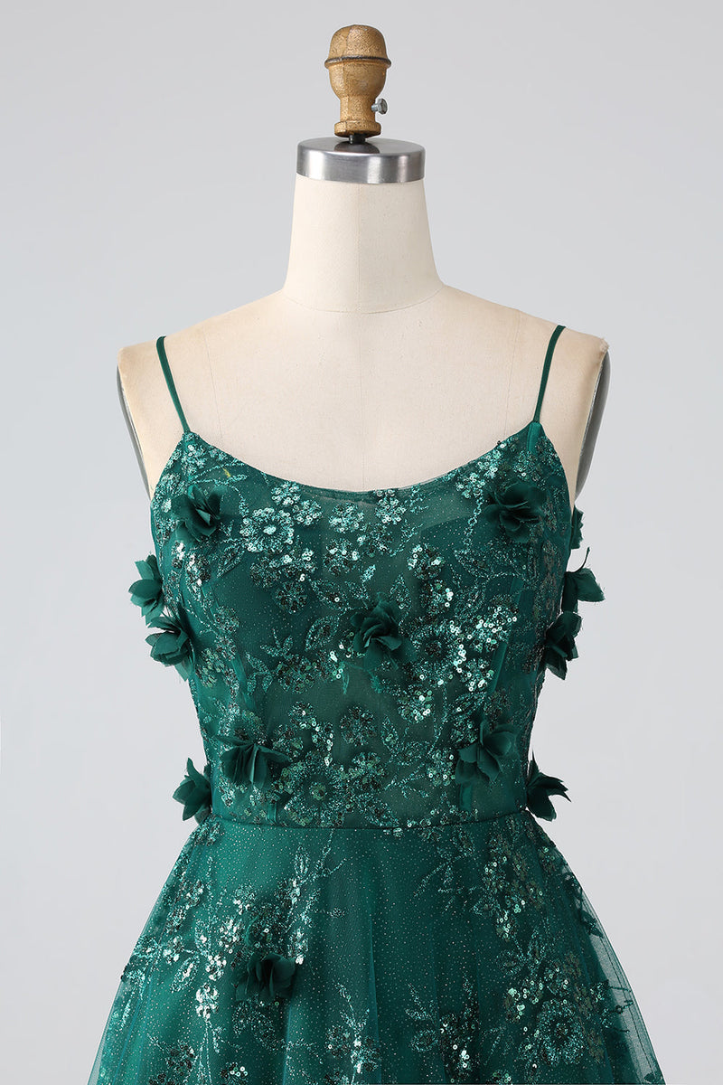 Load image into Gallery viewer, Glitter Dark Green Spaghetti Straps Lace Flower Long Corset Prom Dress