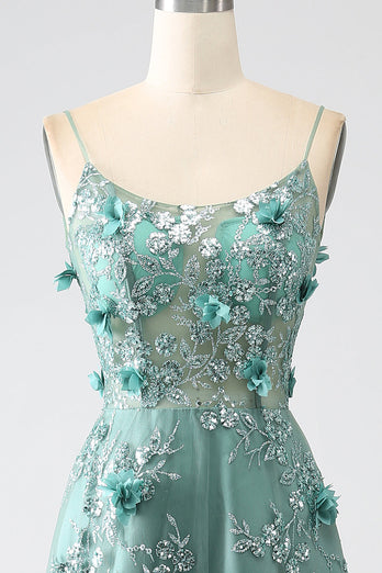 Glitter Grey Green Lace Flower Long Corset Prom Dress