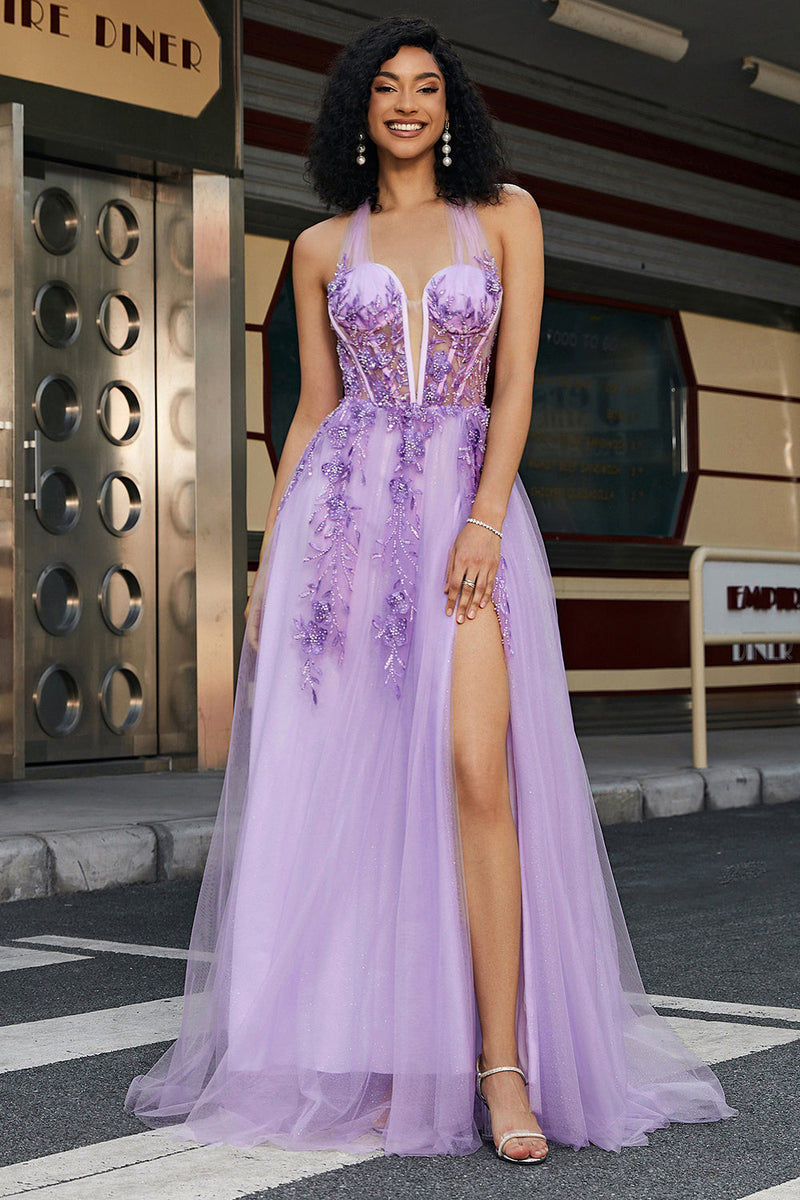 Load image into Gallery viewer, Gorgeous A Line Halter Neck Grey Purple Corset Prom Dress with Appliques