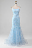 Light Blue Sparkly Beaded Mermaid Long Prom Dress