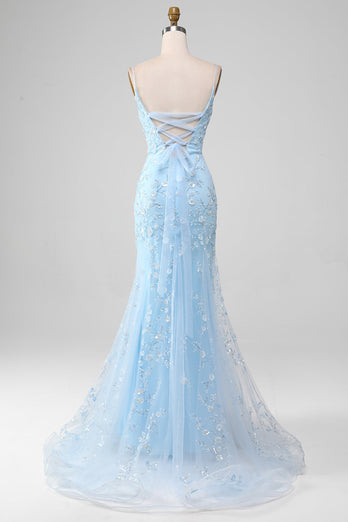 Mermaid Blush Spaghetti Straps Prom Dress with Appliques