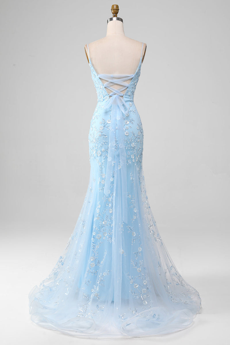 Load image into Gallery viewer, Sparkly Light Blue Beaded Mermaid Long Prom Dress