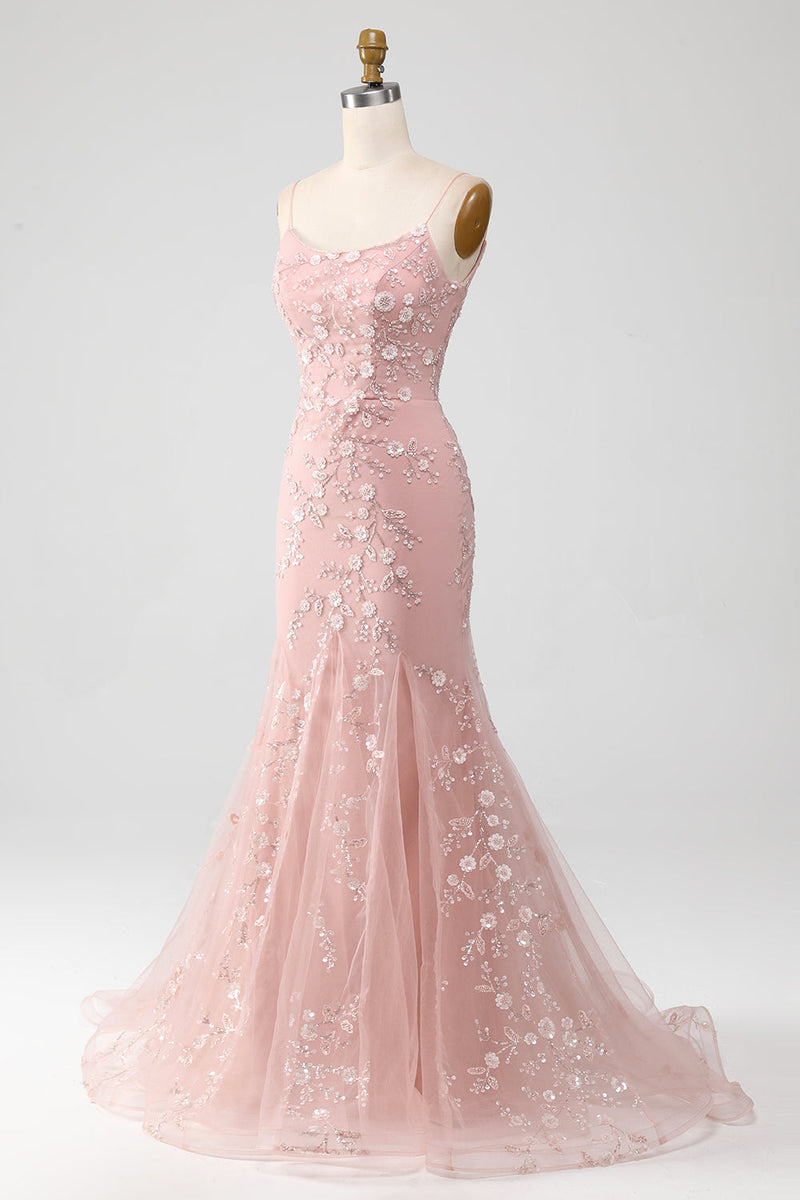 Load image into Gallery viewer, Mermaid Blush Spaghetti Straps Prom Dress with Appliques