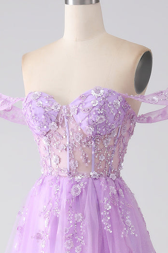 Lilac A-Line Off The Shoulder Beaded Corset Prom Dress