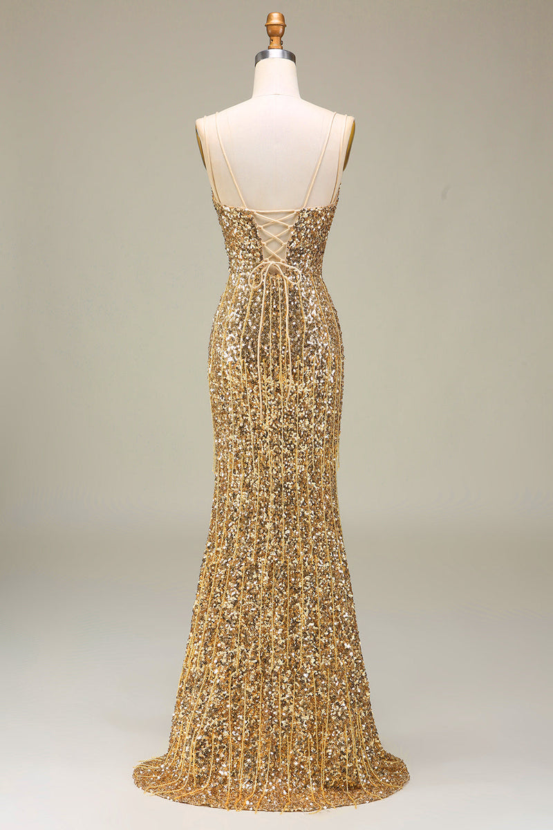 ZAPAKA Women Sparkly Golden Long Prom Dress with Slit Mermaid Sequins ...