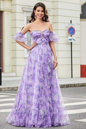 Lavender Printed A line Prom Dress with Removable Sleeves