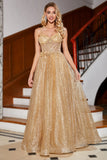 Golden Glitter Corset Long Prom Dress with Flowers