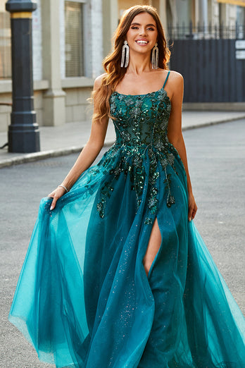 Gorgeous A Line Spaghetti Straps Dark Green Long Prom Dress with Appliques