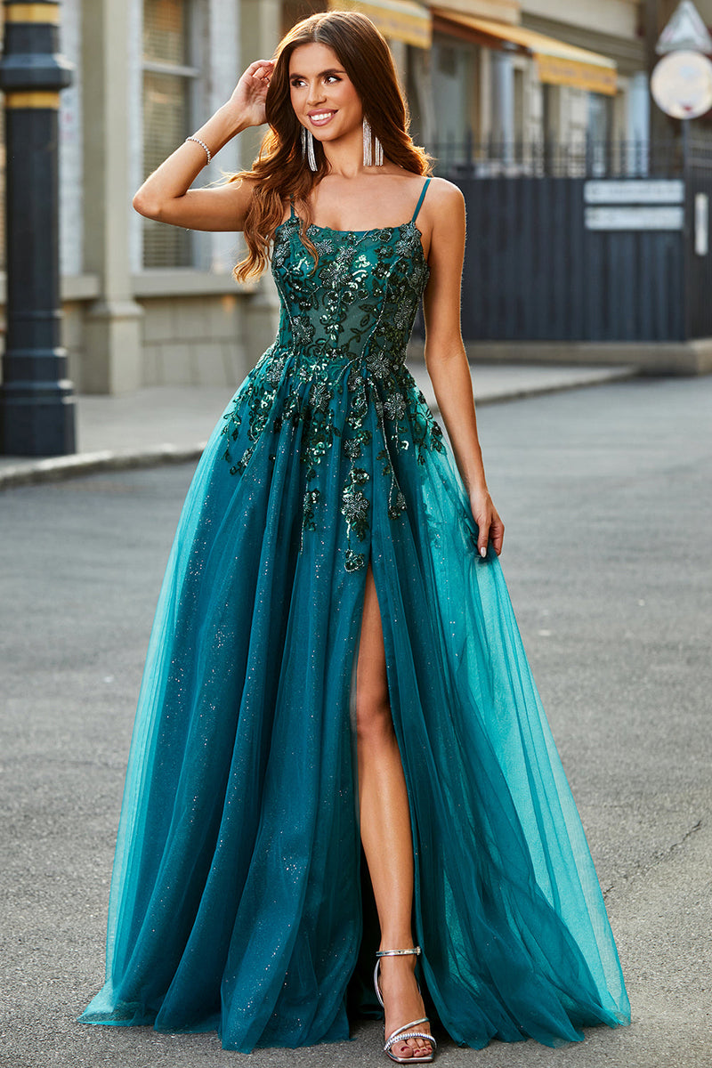 Load image into Gallery viewer, Gorgeous A Line Spaghetti Straps Dark Green Long Prom Dress with Appliques