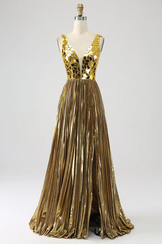 Sparkly A Line Deep V-Neck Golden Long Prom Dress with Split Front