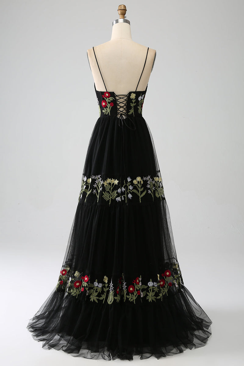 Load image into Gallery viewer, Black A-Line Spaghetti Straps Embroidered Long Corset Prom Dress