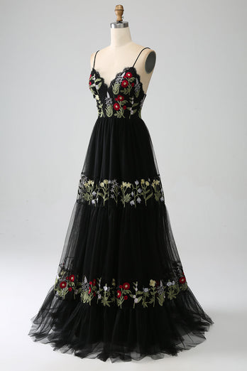 Black A-Line Spaghetti Straps Embroidered Long Corset Prom Dress