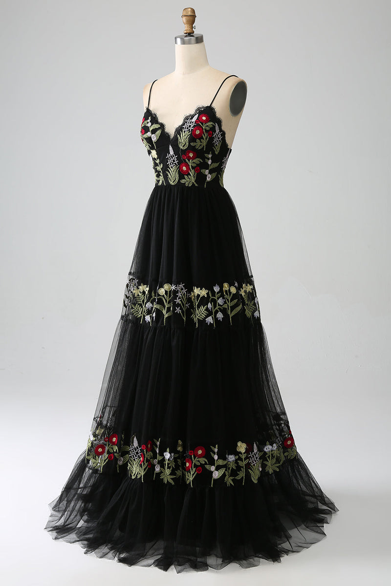 Load image into Gallery viewer, Black A-Line Spaghetti Straps Embroidered Long Corset Prom Dress