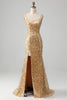 Load image into Gallery viewer, Golden Mermaid Spaghetti Straps Sequined Prom Dress With Slit