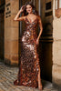 Load image into Gallery viewer, Saparkly Mermaid Spaghetti Straps Golden Sequins Long Prom Dress with Split Front