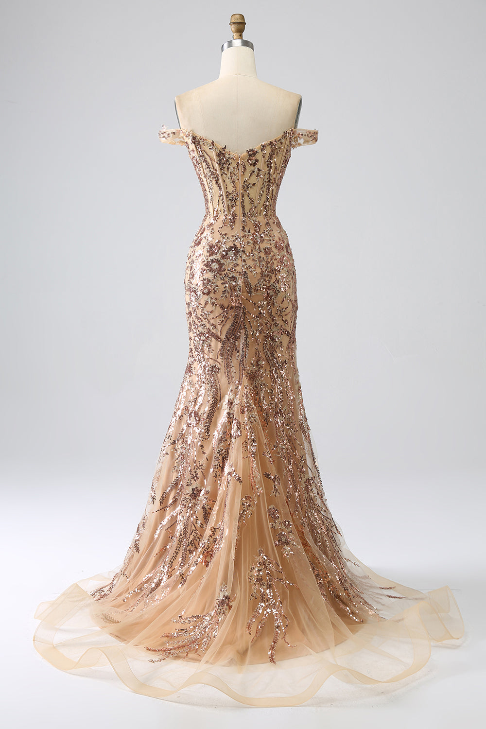 Sparkly Mermaid Off The Shoulder Champagne Corset Prom Dress with Slit