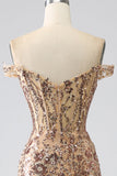 Sparkly Mermaid Off The Shoulder Champagne Corset Prom Dress with Slit