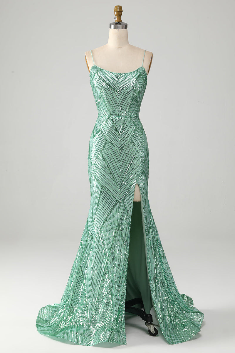 Load image into Gallery viewer, Sparkly Green Sequins Lace-Up Back Long Mermaid Prom Dress with Slit